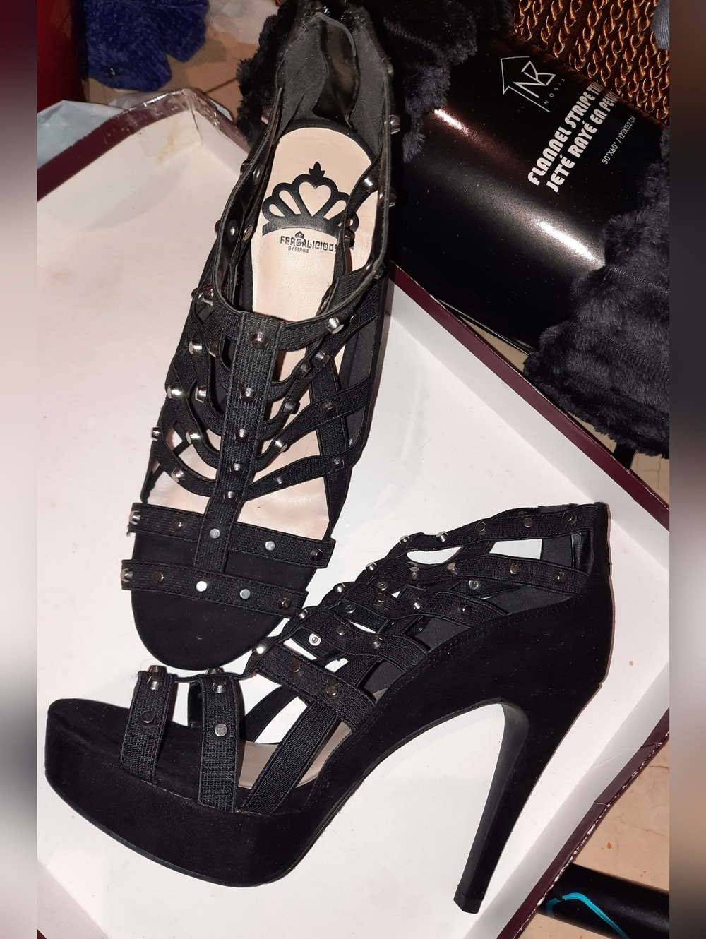 NWT FERGALICIOUS Sexy Black Gaged Studded Strappy High Heel Platform Sandals 8.5